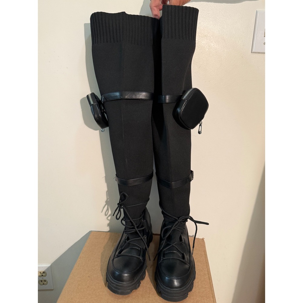 Black Thigh High Sock Boots Utility Pocket Buckle Lug Sole Over The Knee 10W